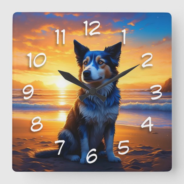 Reloj Cuadrado Perro lindo en la playa del Océano Sereno al atard (Anverso)