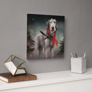 Reloj Cuadrado Perro lobo de Irlanda en Navidad de nieve