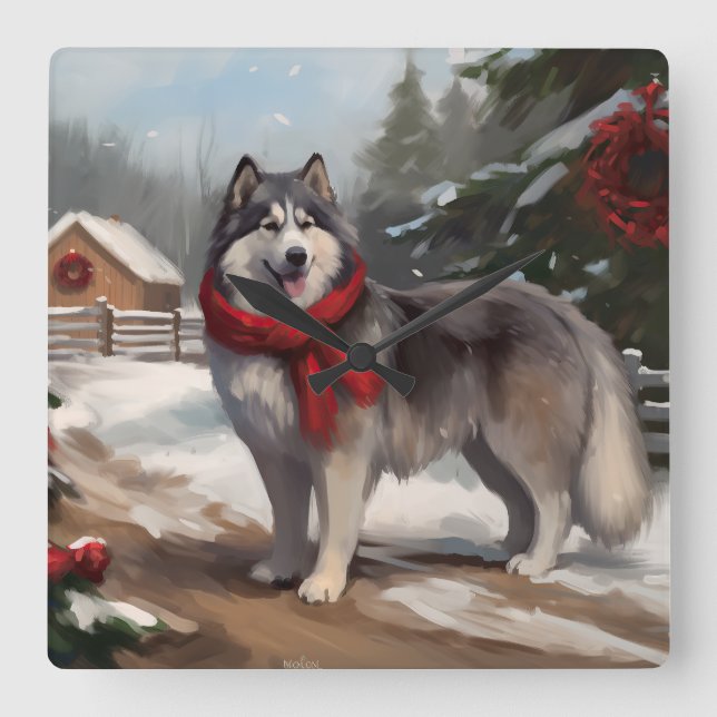 Reloj Cuadrado Perro malamute de Alaska en Navidades de nieve (Anverso)