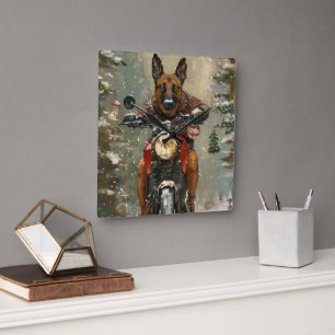 Reloj Cuadrado Perro Malinoi Belga Montando Motocicleta Navidad
