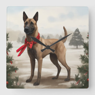 Reloj Cuadrado Perro Malinois Belga en Navidad con Nieve