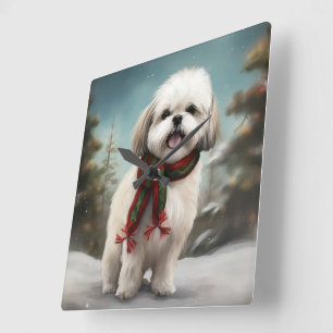 Reloj Cuadrado Perro Malti Tzu en Navidad con Nieve