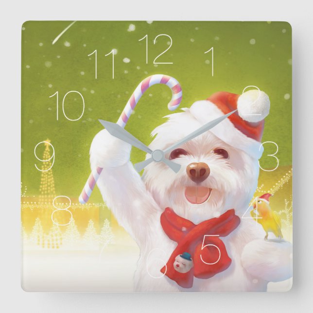 Reloj Cuadrado Perro Navidad en Santa Hat (Anverso)