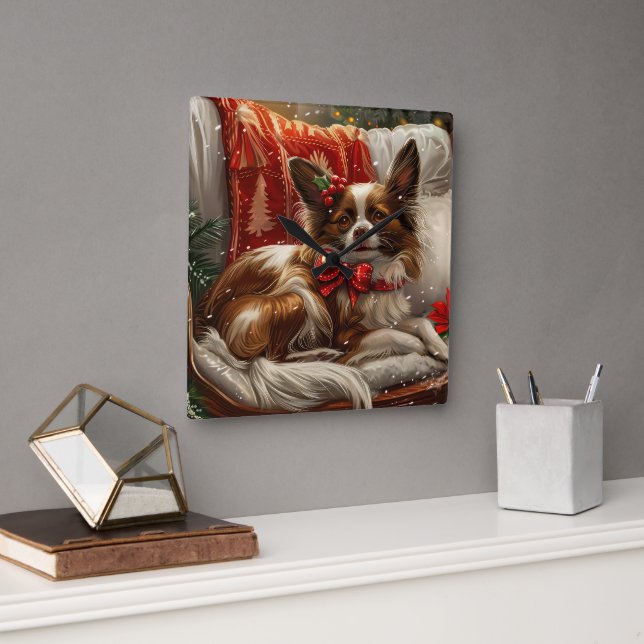 Reloj Cuadrado Perro Papillon Navidad Festiva (Oficina)