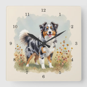 Reloj Cuadrado Perro Pastor Australiano Merle Cola Larga