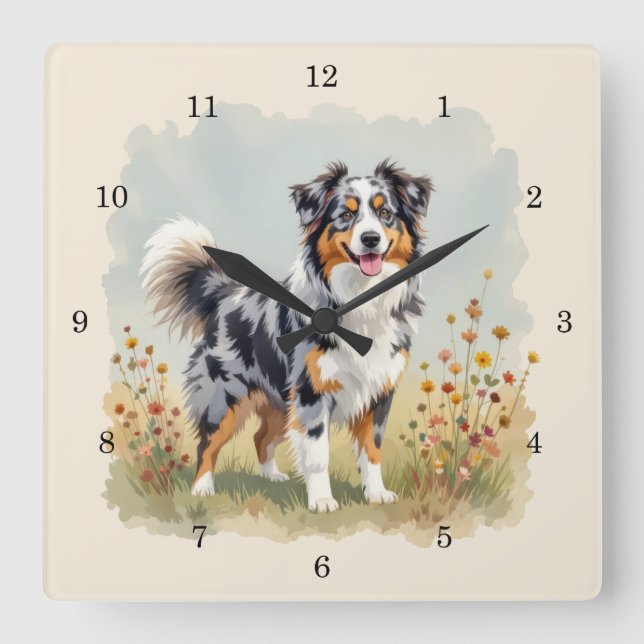 Reloj Cuadrado Perro Pastor Australiano Merle Cola Larga (Anverso)