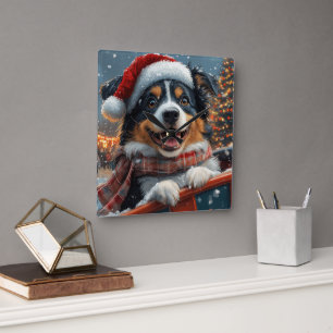Reloj Cuadrado Perro Pastor Australiano Montaña Rusa Navidad