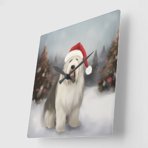 Reloj Cuadrado Perro pastor inglés antiguo en Navidad con nieve