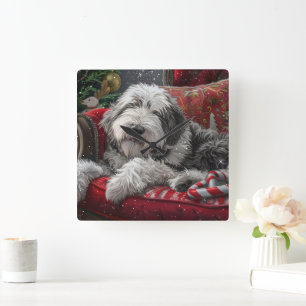 Reloj Cuadrado Perro Pastor Inglés Antiguo Navidad Festiva