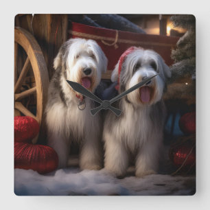 Reloj Cuadrado Perro pastor inglés antiguo Sleigh nevado Decoraci