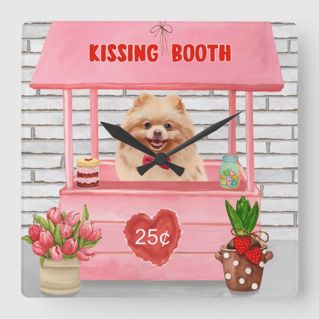 Reloj Cuadrado Perro Pomerania El día de San Valentín Kissing Boo (Anverso)
