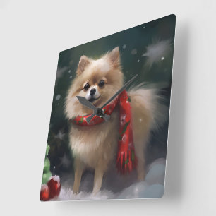 Reloj Cuadrado Perro Pomerania en Navidad con Nieve