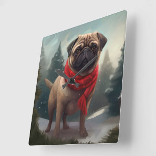 Reloj Cuadrado Perro Pug en Navidad con Nieve