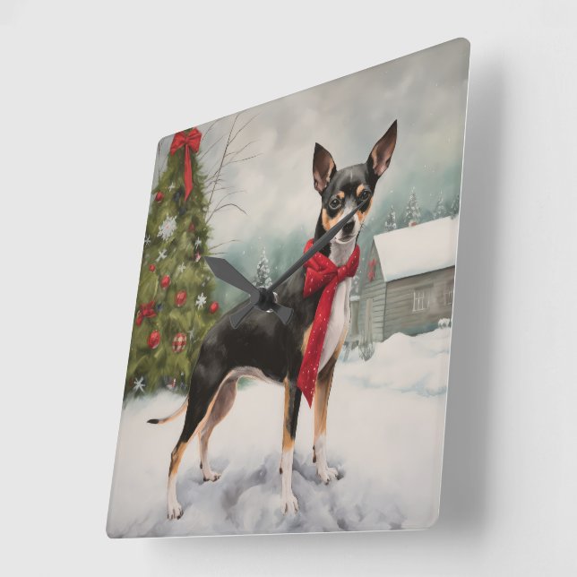 Reloj Cuadrado Perro Rat Terrier en Navidad con Nieve (Ángulo)