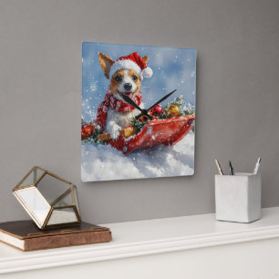 Reloj Cuadrado Perro Rat Terrier en Trineo Deja que Nieve Navidad