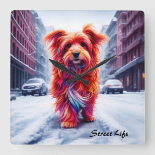 Reloj Cuadrado Perro rojo caminando por la nieve calle de inviern