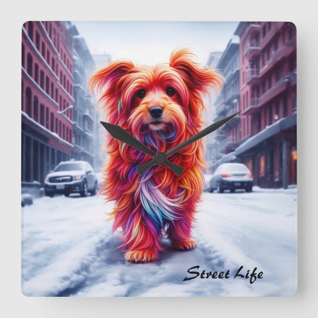 Reloj Cuadrado Perro rojo caminando por la nieve calle de inviern (Anverso)