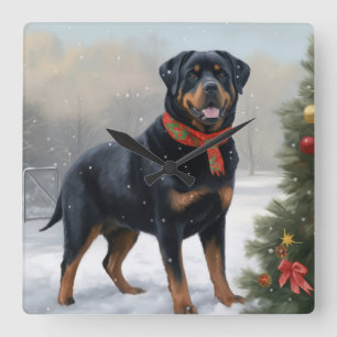 Reloj Cuadrado Perro Rottweiler en Navidad con Nieve