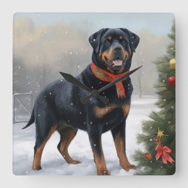 Reloj Cuadrado Perro Rottweiler en Navidades de Nieve (Anverso)