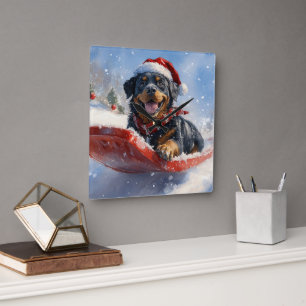 Reloj Cuadrado Perro Rottweiler en Trineo Deja que Nieve Navidad