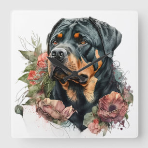 RELOJ CUADRADO PERRO ROTTWEILER NEGRO Y TÁN CON FLORES