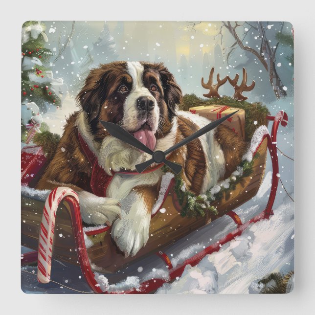Reloj Cuadrado Perro San Bernardo Navideño Festivo (Anverso)
