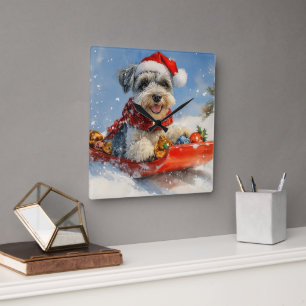 Reloj Cuadrado Perro Schnauzer en Trineo Deja que Nieve Navidad