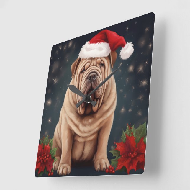 Reloj Cuadrado Perro Shar Pei en Navidades de nieve (Ángulo)