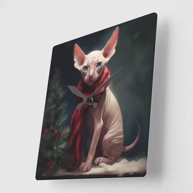 Reloj Cuadrado Perro Sphynx en Navidad con nieve (Ángulo)