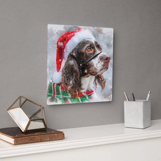Reloj Cuadrado Perro Springer Spaniel Festividad de Navidad (Oficina)