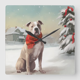 Reloj Cuadrado Perro Staffordshire Americano en Navidad con Nieve