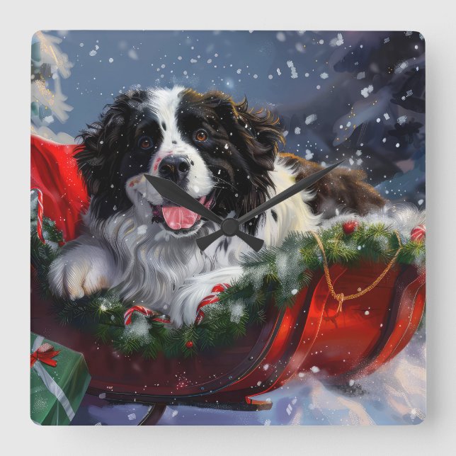 Reloj Cuadrado Perro Terranova Navidad Festiva (Anverso)
