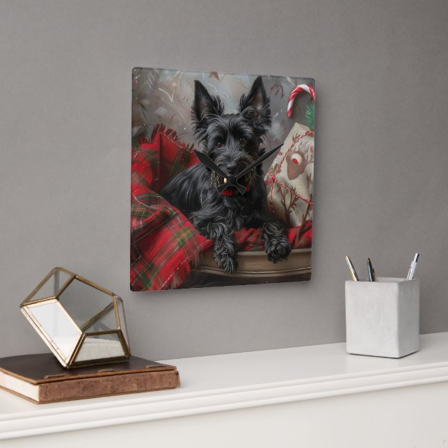 Reloj Cuadrado Perro Terrier Escocés Navidad Festiva (Oficina)