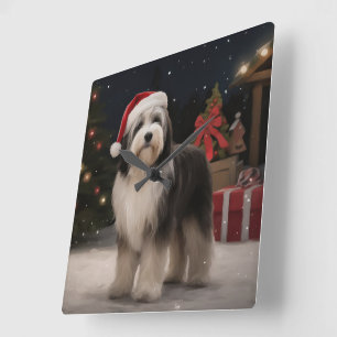 Reloj Cuadrado Perro Terrier Tibetano en Navidad con nieve 