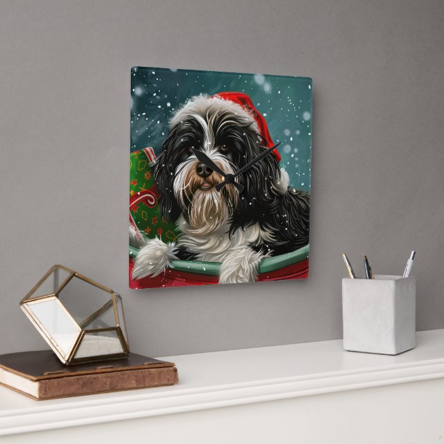 Reloj Cuadrado Perro Terrier Tibetano Navidad Festiva  (Oficina)
