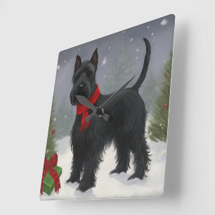 Reloj Cuadrado Perro terrorífico escocés en Navidades de nieve