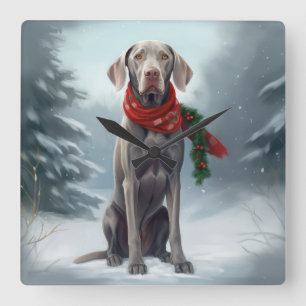 Reloj Cuadrado Perro Weimaraner en Navidades de nieve