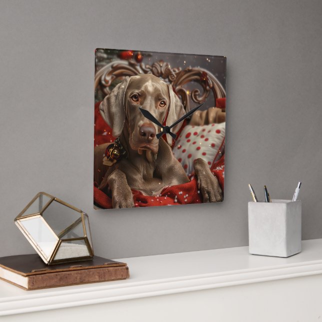 Reloj Cuadrado Perro Weimaraner Navidad Festiva (Oficina)