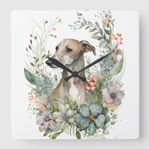 RELOJ CUADRADO PERRO WHIPPET DE ACUARELA CON FLORES SILVESTRES