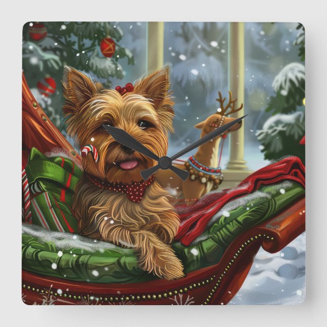 Reloj Cuadrado Perro Yorkshire Terrier Navidad Festiva (Anverso)