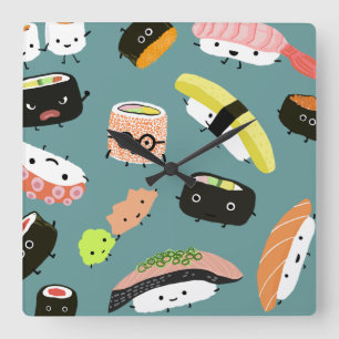 Reloj Cuadrado Personajes Divertidos de Sushi sobre Azul Turquesa