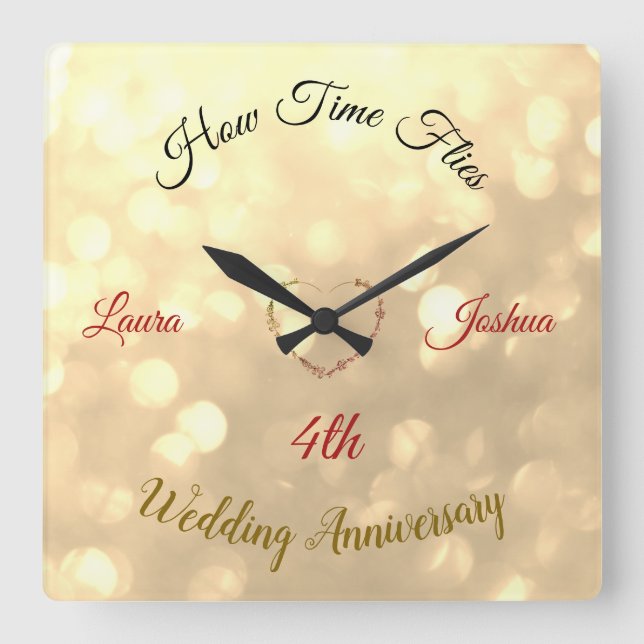 Reloj Cuadrado Personalised 4th Wedding Anniversary  (Anverso)