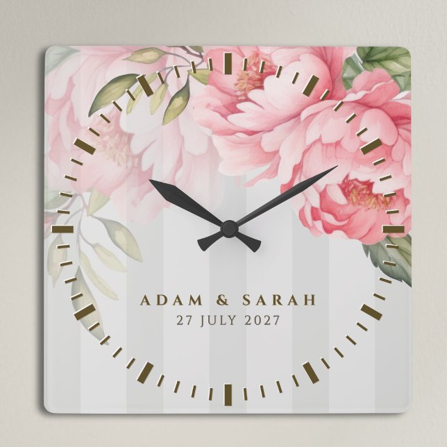 Reloj Cuadrado Personalised Blush Peony Wedding Gift for Couple (Subido por el creador)