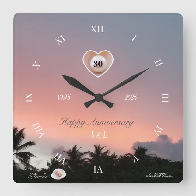 Reloj Cuadrado Personaliza 30º Aniversario de Boda de Perlas (Anverso)
