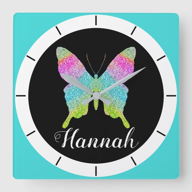 Reloj Cuadrado Personaliza tu propia mariposa colorida (Anverso)