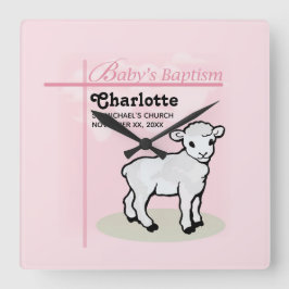 Reloj Cuadrado Personalizable, bautismo, rosa, Chica, cordero