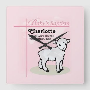 Reloj Cuadrado Personalizable, bautismo, rosa, Chica, cordero