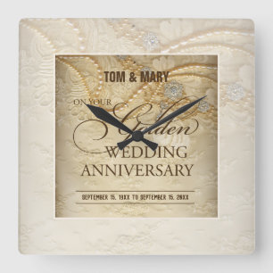 Reloj Cuadrado Personalizable, Perlas del 50 aniversario Boda