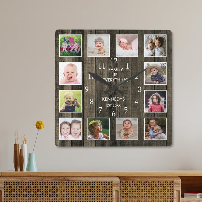 Reloj Cuadrado Personalizado 12 Collage de fotos Familia Cita Pal (Custom 12 Photo Collage Family Quote Pallet Wood Square Wall Clock)