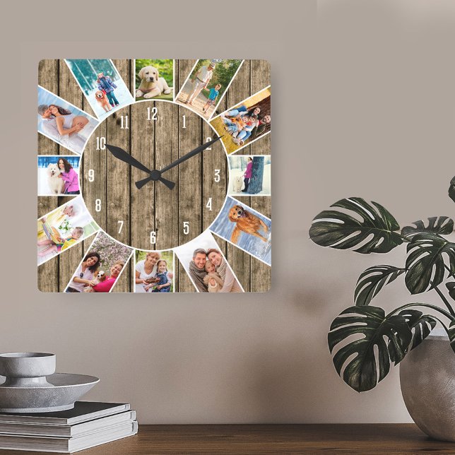 Reloj Cuadrado Personalizado 12 Collage de fotos Rústica Madera N (Rustic sunburst of friends and family pictures around the clock)